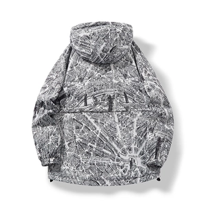 Fashionable windproof jacket with black and white French map print and hooded design