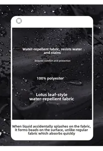 Detailed view of water-resistant 100% polyester fabric showing water droplets on shorts