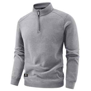 Men's grey quarter-zip fleece pullover with stand collar and long sleeves for outdoor warmth