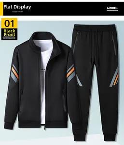 Flat lay of black men's sports set showing zipper jacket and joggers with orange stripes