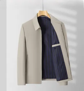 Detail of men's business casual jacket featuring a striped inner lining and internal pocket