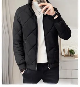 Detail view of men's black quilted winter jacket with classic stand collar and zipper