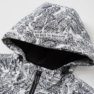 Modern outdoor hooded jacket featuring a black and white Paris city map print with zipper