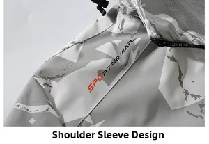 Detail of grey camouflage jacket showing the shoulder stitching and sportwear lettering