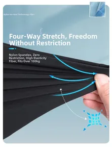 Close-up of elastic ice silk fabric being stretched on black men's sports shorts