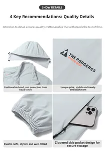 Detail view of lightweight sun protection jacket with hood and zippered pockets