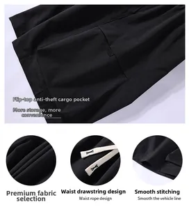 Detail of cargo shorts featuring waterproof flap pockets, drawstring waist, and reinforced seams