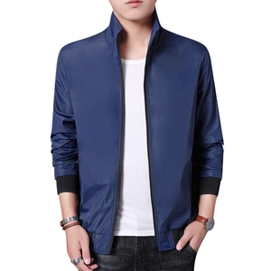Giacca casual blu navy da uomo con colletto dritto e polsini a coste per uso quotidiano