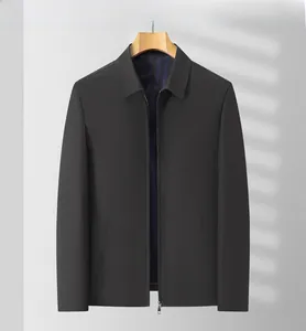Detailed close-up of a men's business casual jacket with striped lining and zip closure