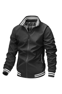 Men's casual black sports jacket with stand collar and striped cuffs for a stylish look
