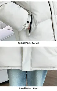 Detail view of side zipper pocket and straight flat hem on warm winter jacket