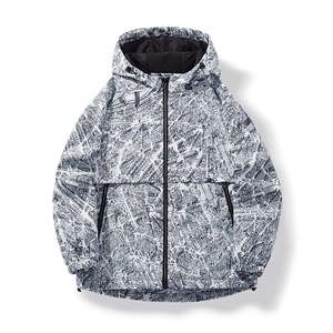 Waterproof outdoor jacket with a vintage blue street map print and windproof hood