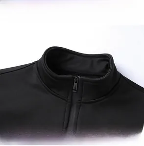 Detail view of the classic stand collar and high-quality zipper on this black sports jacket
