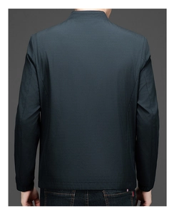 Detailed back view of a men's dark grey casual jacket with a micro-check textured fabric