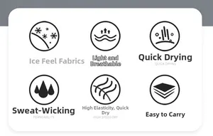 Icons showing ice-cool fabric, breathability, quick-dry, and high elasticity features