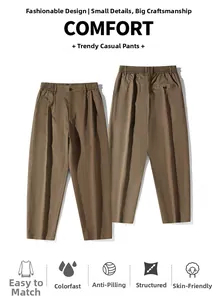 Detail view of khaki business casual trousers with elastic waist and anti-pilling fabric