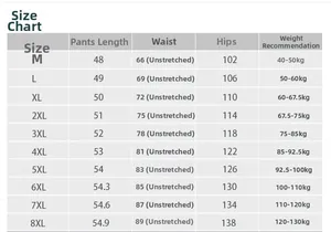 Detailed size chart for men's shorts from size M to 8XL showing waist and hip measurements