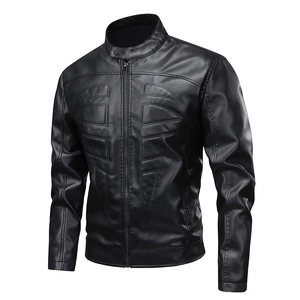 Men's black faux leather motorcycle jacket with stand collar and decorative stitching