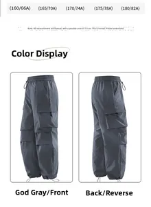 Détails du pantalon cargo avec taille élastique à cordon et grandes poches à rabat gris