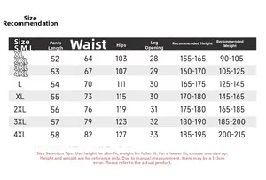 Detailed size chart for men's cargo shorts including waist and hip measurements