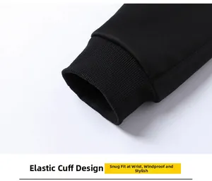 Detail of elastic ribbed cuffs on a black men's casual jacket showing windproof design
