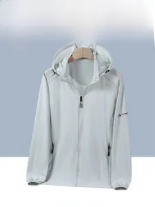 Front view of a lightweight grey sun protection hoodie with elastic cuffs and a full zipper