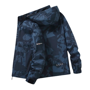 Men Hooded Windbreaker Jacket Waterproof Windproof Geometric Camouflage Outdoor Hiking Sports Casual Lightweight Top