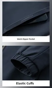 Detailed macro view of men's outdoor jacket showing zipper pockets and elastic windproof cuffs