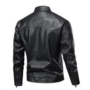Classic black PU leather motorcycle jacket for men featuring a stand collar and back view