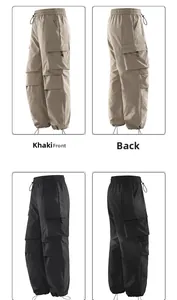 Détails du pantalon cargo kaki et noir avec ses multiples poches et son cordon de serrage