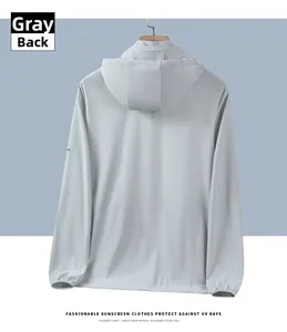 Back view of light grey hooded sun protection jacket with elastic cuffs on wooden hanger