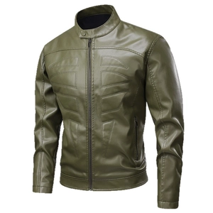 Olive green men's PU leather motorcycle jacket with stand collar and geometric stitching