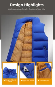Detail of windproof stand collar and warm brown fleece lining of the blue men vest