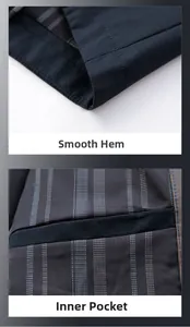 Detail view of smooth hem and inner pocket with gray striped lining on navy business jacket
