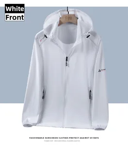Detail of white men's hooded sun protection jacket with full zipper and elastic cuffs