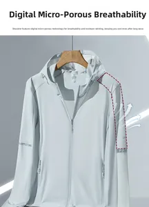 Detail of light blue sun protection jacket showing breathable micro-perforated shoulder mesh