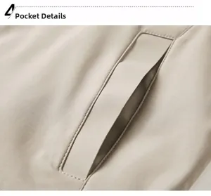 Close-up of a khaki business jacket showing detailed pocket stitching and fine fabric