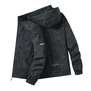 Men's dark grey camo waterproof outdoor hooded windbreaker jacket with zipper pockets