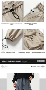 Vue détaillée d'un pantalon cargo kaki avec taille élastique à cordon et poches latérales