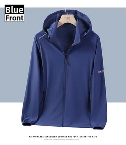 Close-up of lightweight navy blue sun protection jacket with hood and full zipper