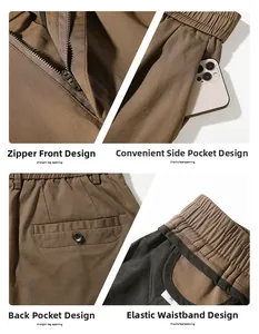 Detailed views of brown twill trousers featuring metal zipper, pockets, and elastic waist