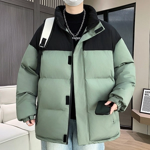 Winter Stand Collar Puffer Jacket Unisex Color Block Thick Warm Cotton Padded Coat Casual Streetwear Windproof Loose Outerwear