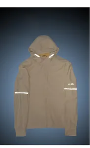 Close-up of lightweight grey sun protection jacket with reflective strips and UPF 50+ logo