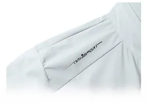 Detailed macro view of the sporty printed logo on a quick-dry shoulder fabric