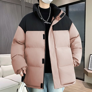 Mens stand collar winter jacket with pink and black contrast color block design
