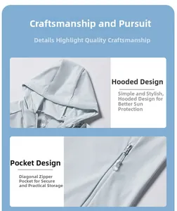 Detail of light blue sun protection jacket with hood and diagonal zipper pockets