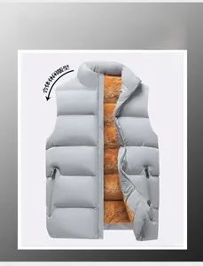 Detail of light grey puffer vest featuring bright orange fleece lining and full zipper