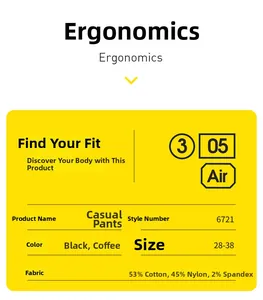 Size chart and fabric specs for men's casual trousers with 53% cotton and 45% nylon