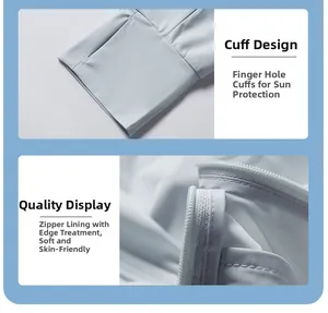 Detail of thumb-hole cuffs and smooth inner zipper lining on light blue sun jacket
