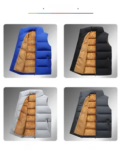 Detail grid showing stand collar, zipper pockets and warm fleece lining of men's vests